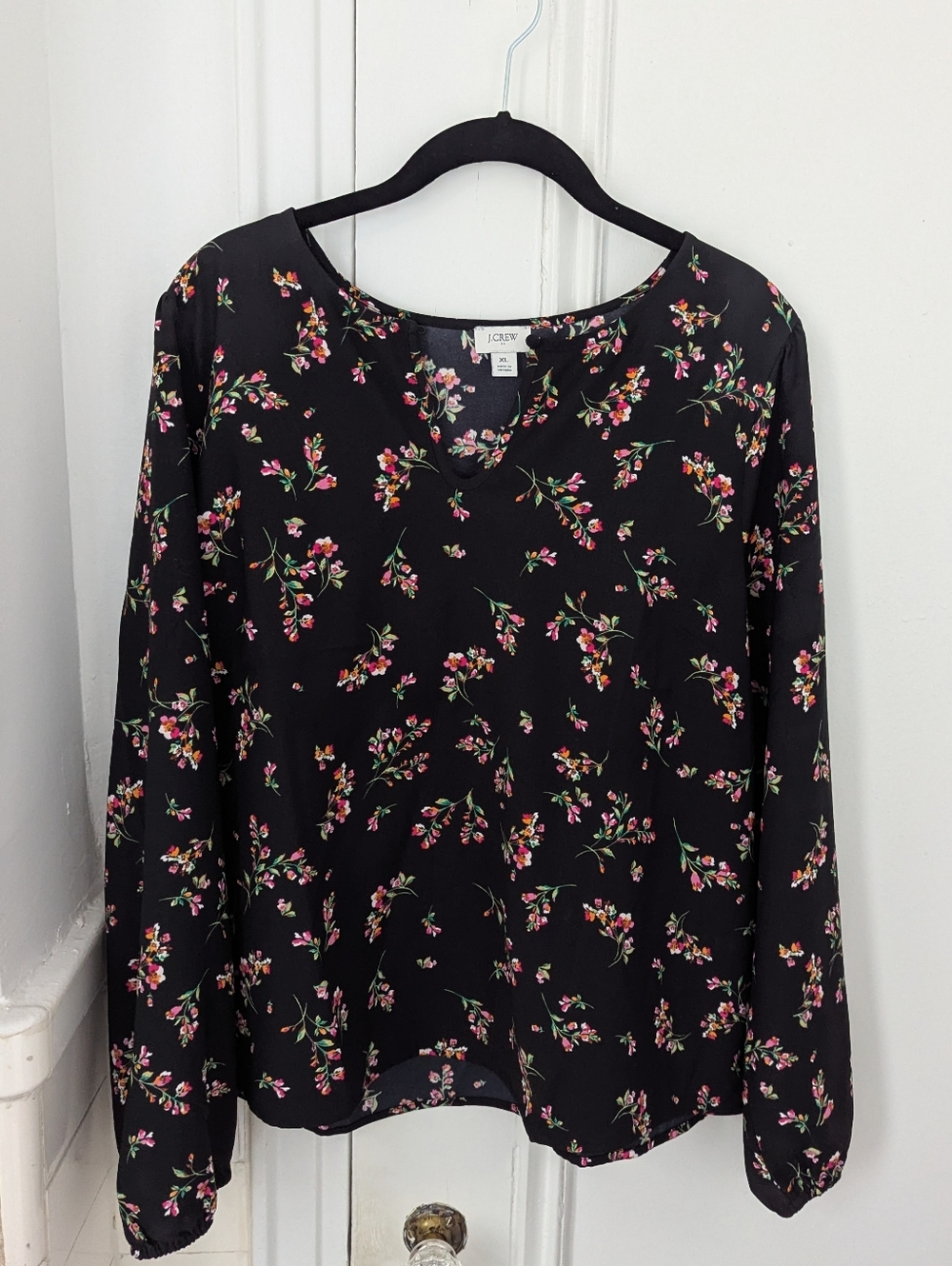 J. Crew Black Floral Long-Sleeve Blouse with Pink & Green Accents